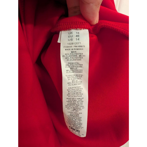 ASOS Design made in Romania Red Midi Dress sheer halter front slit stretch Sz 14 - Picture 5 of 5